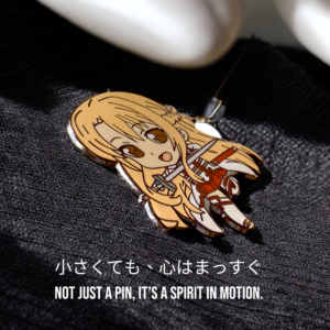 Sword Art Online Asuna enamel pin showing chibi Asuna holding rapier in close-up view on textured fabric