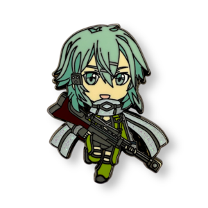 Sword Art Online enamel pin showing Sinon holding sniper rifle on white background