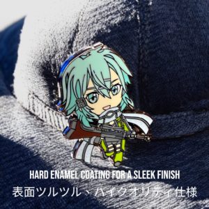 Sword Art Online enamel pin showing Sinon holding sniper rifle pinned on blue cap