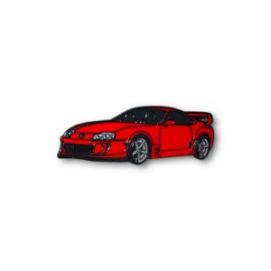 Toyota Supra enamel pin showing red Supra MK4 front view on white background