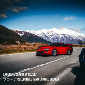 Toyota Supra enamel pin showing red Supra MK4 on mountain road background with snow peaks