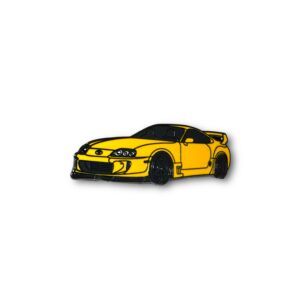 Toyota Supra enamel pin showing yellow Supra MK4 front view on white background