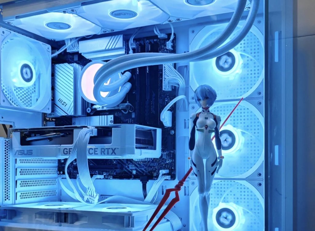 anime-figure-pc-rei-ayanami Rei Ayanami anime figure display in a white PC case with sci-fi aesthetic